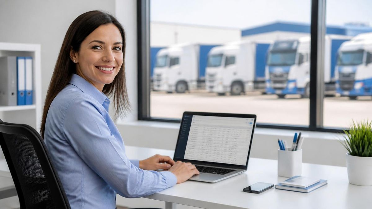 Administrativa de una empresa de transporte trabajando en el ordenador